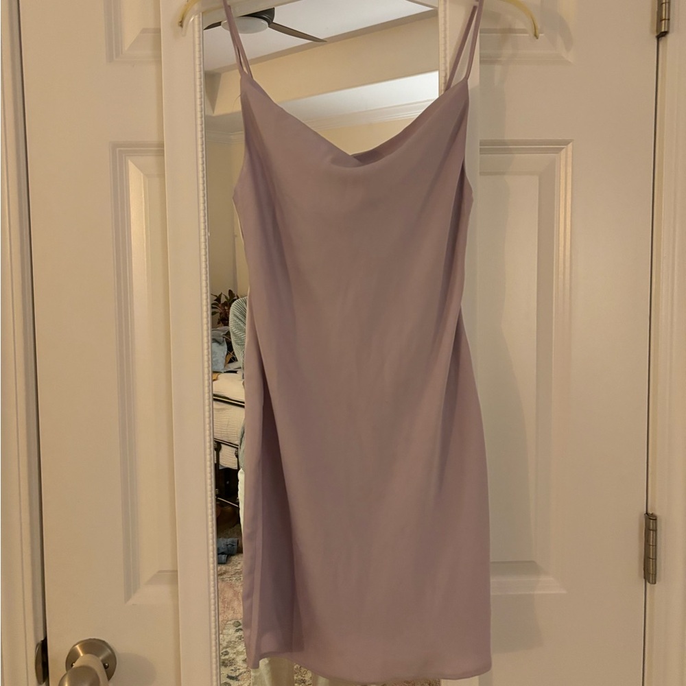 UO purple cowl neck slip dress.